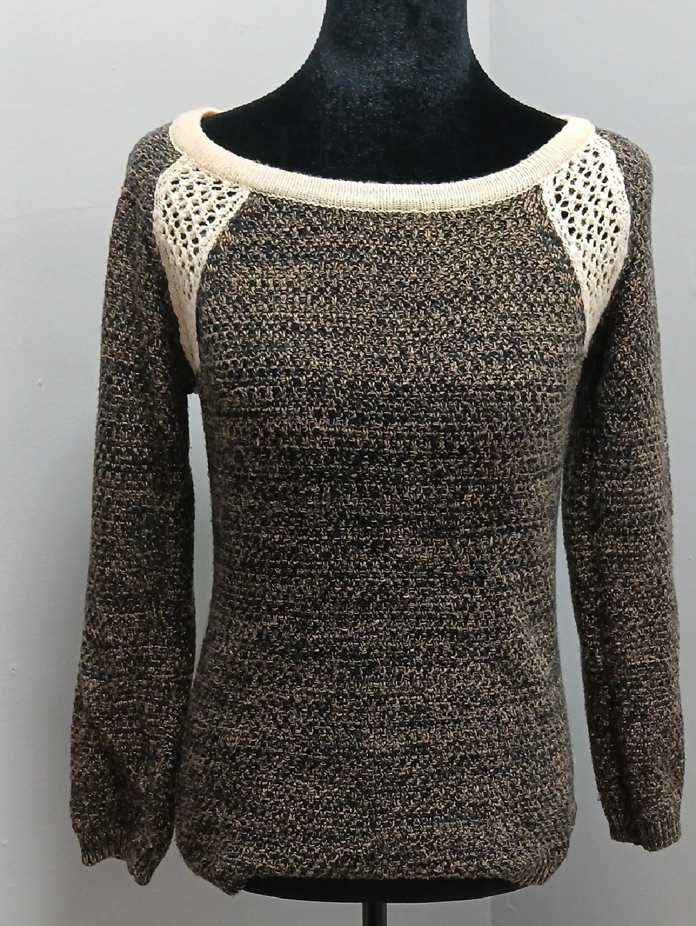 Pink Rose Two-Tone Brown and Cream Off-the-Shoulder Knit Sweater